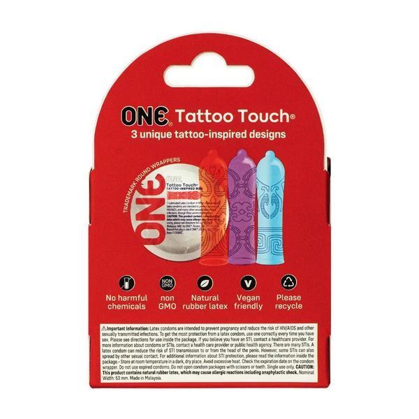 Презервативы ONE Tattoo Touch 3 шт, картонная коробка SX1249 фото