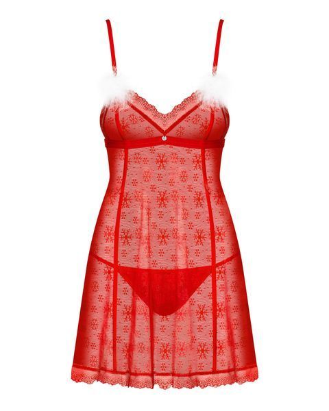Сорочка Obsessive Claussica, XS/S, червона, прозора з візерунком, стрінги в комплекті SX1134 фото