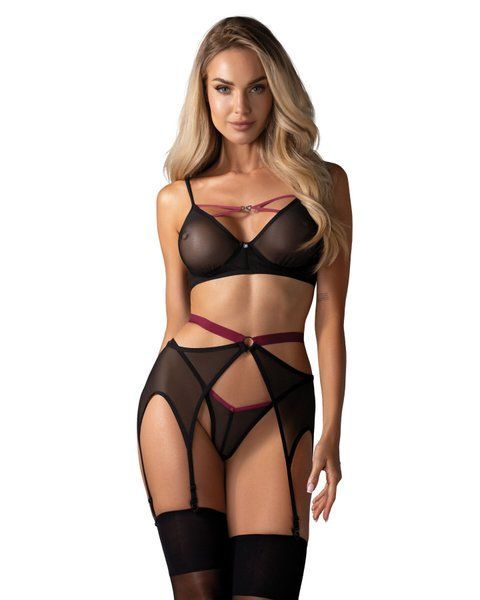 Комплект Obsessive Novenes 3-pcs set, XS/S, прозрачный лиф на косточках, стринги, пояс SX0616 фото
