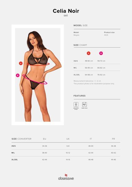 Полупрозрачный комплект Obsessive Celia Noir 2-pcs set XS/S, бюстгальтер, стринги SO7865 фото