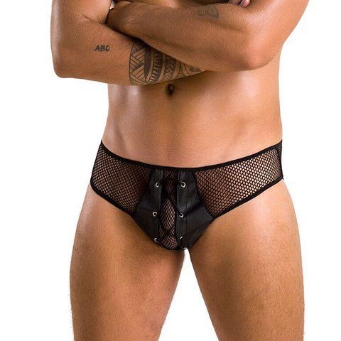 Чоловічі труси зі шнурівкою Passion 035 SLIP RICHARD L/XL Black, екошкіра, сітка SO7576 фото