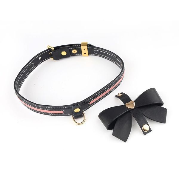 Ошейник с поводком LOCKINK SEVANDA Love Heart Butterfly Leather Collar Set, черно-розовый, с бантом SX0863 фото