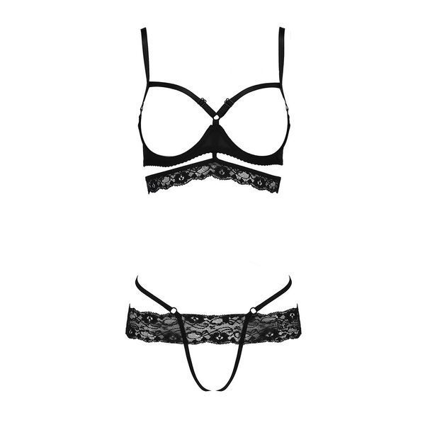 Комплект білизни Passion Exclusive SARIA SET OpenBra S/M, black, стрепи, відкритий ліф, стрінги PS25002 фото