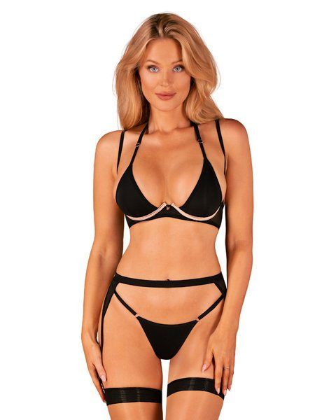 Комплект белья Obsessive Selinne 3-pcs set XS/S Black, бюстгальтер, стринги пояс для чулок SO8667 фото
