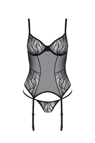 Корсет Passion LEAFA CORSET black S/M, мягкие чашки, зажимы для чулок, стринги в комплекте SX0504 фото