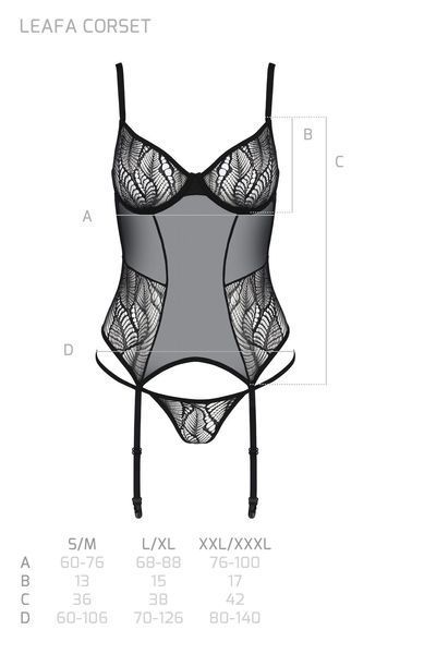 Корсет Passion LEAFA CORSET black S/M, мягкие чашки, зажимы для чулок, стринги в комплекте SX0504 фото