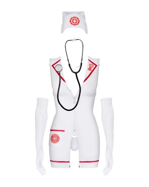 Эротический костюм медсестры Obsessive Emergency dress S/M, white, платье, стринги, перчатки, чепчик, стетоскоп SO7704 фото