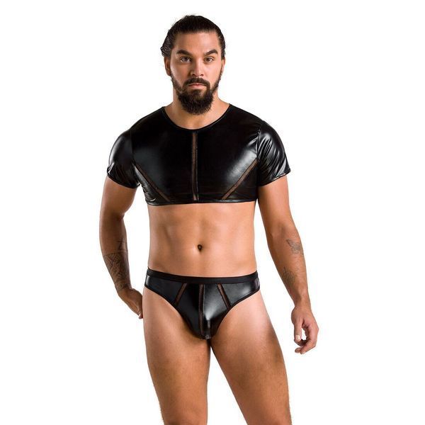 Комплект мужского белья под латекс Passion 057 SET PETER XXL/XXXL Black, кроп-топ, стринги SO7635 фото
